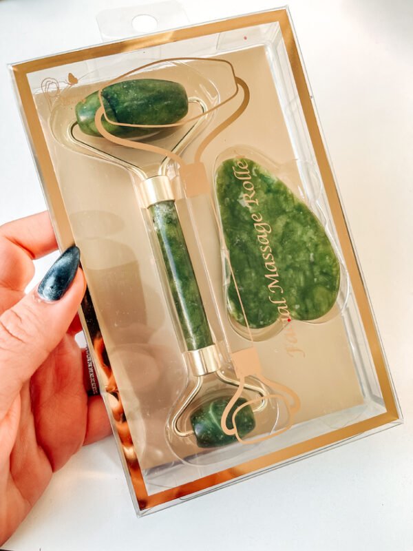MASAJEADOR FACIAL – PIEDRA JADE/CUARZO – RODILLO + PIEDRA
